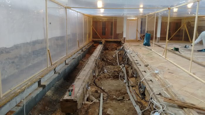 Befall des Echten Hausschwamms an historischem Holz, weißes Myzelgeflecht