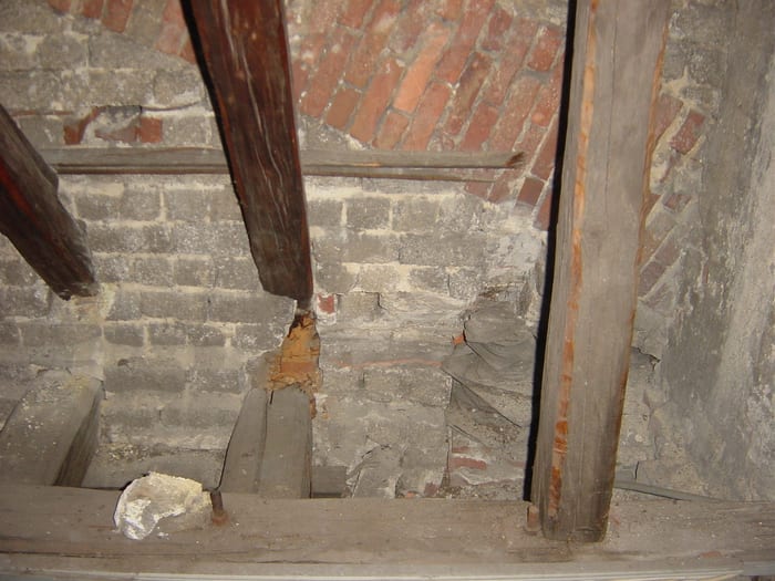 Detail des Echten Hausschwamms an einem befallenen Dachbalken bei Aschaffenburg